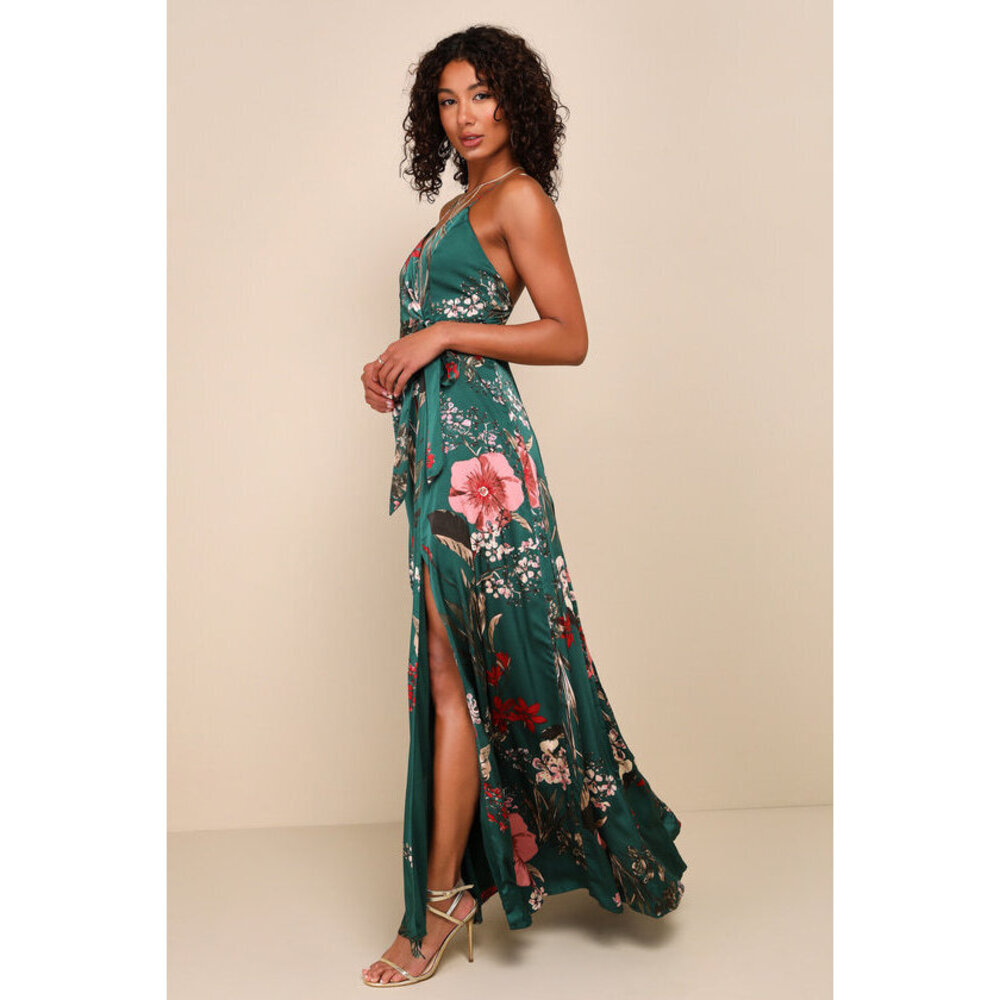 Lulus Still The One Emerald Green Floral Print Satin Maxi Dress - Size XS